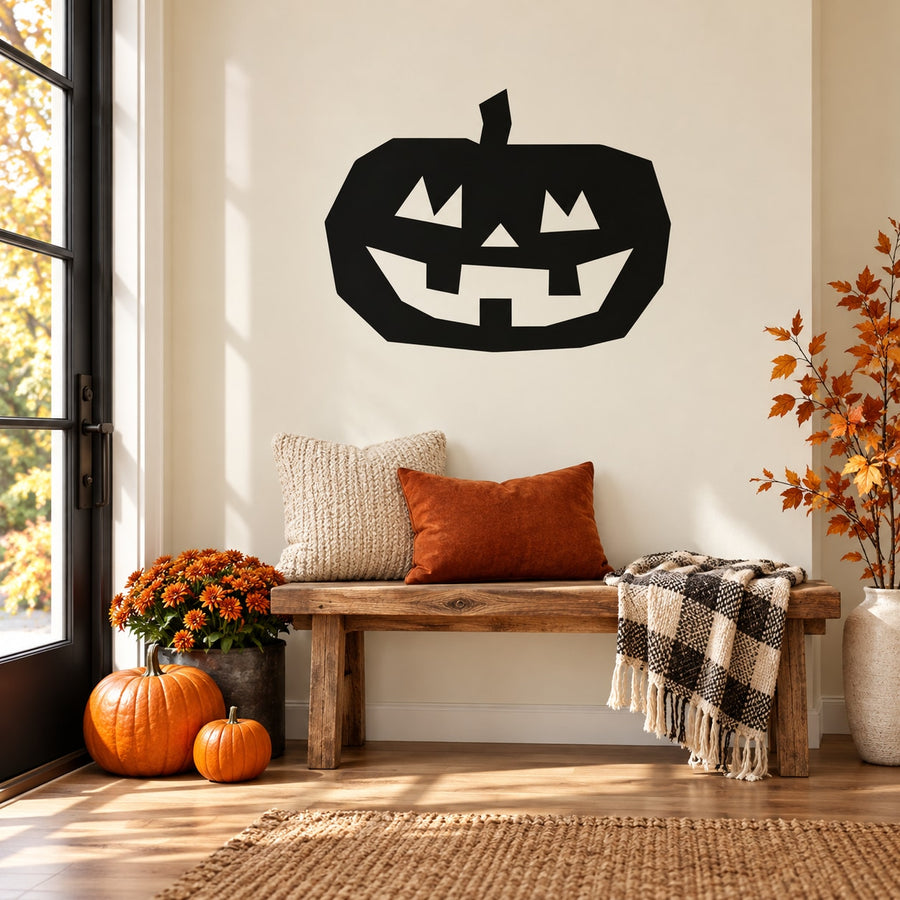 Black geometric jack-o-lantern Halloween wall decal with jagged grin and teeth