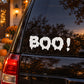 Halloween Boo! window decal with bold white BOO! lettering