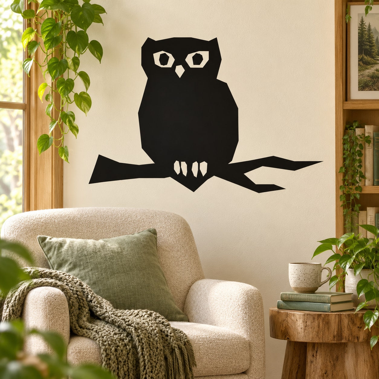 Black owl wall decal with open eyes and curved beak on a wall