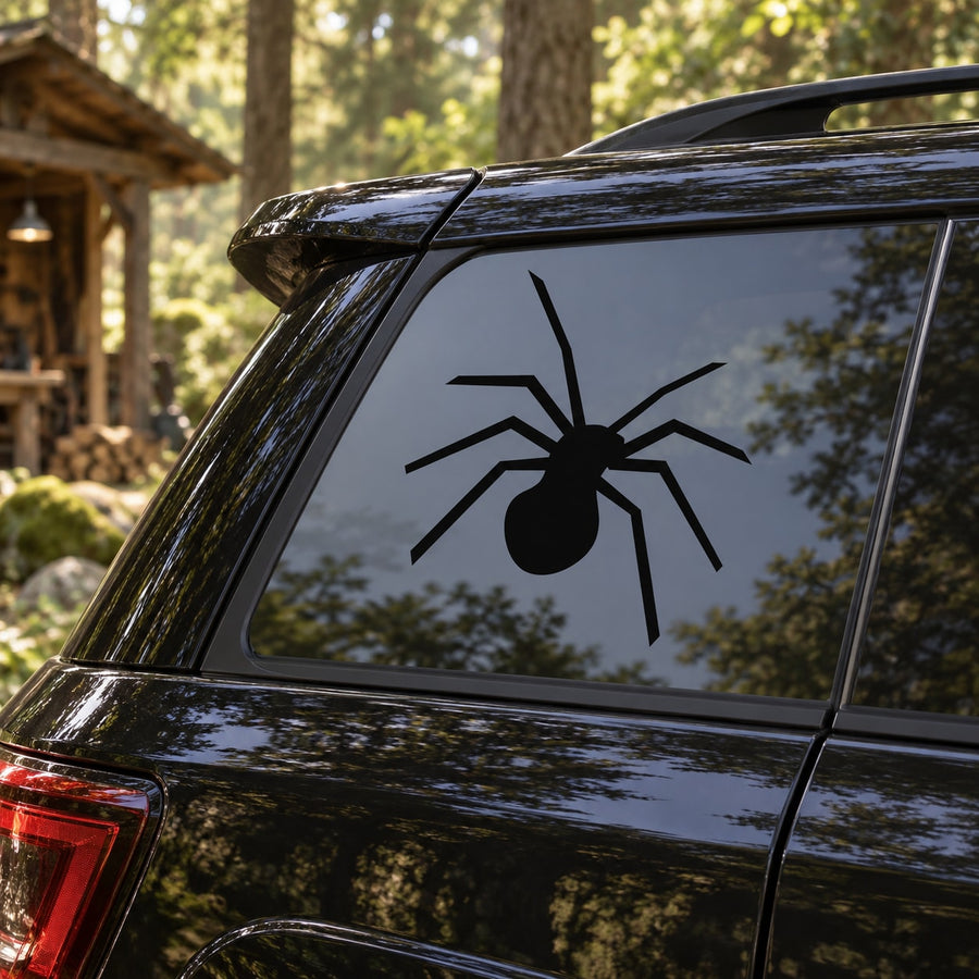 Spider crawling decal on car rear window, black design