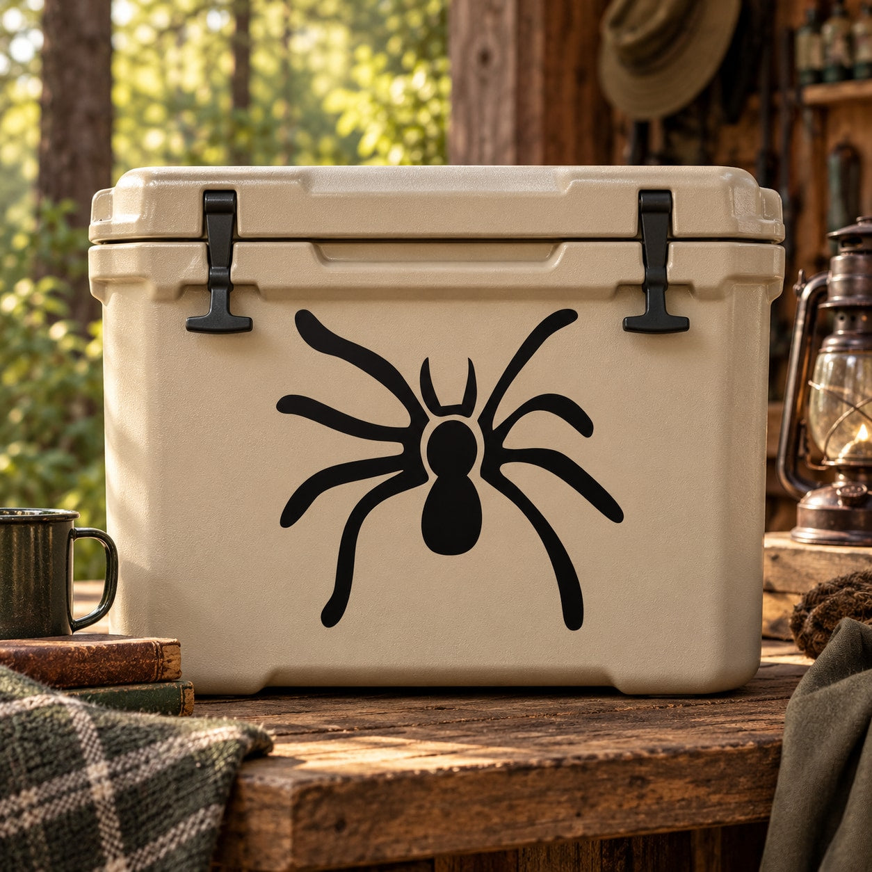 Huntsman spider decal, bold black stylized spider graphic