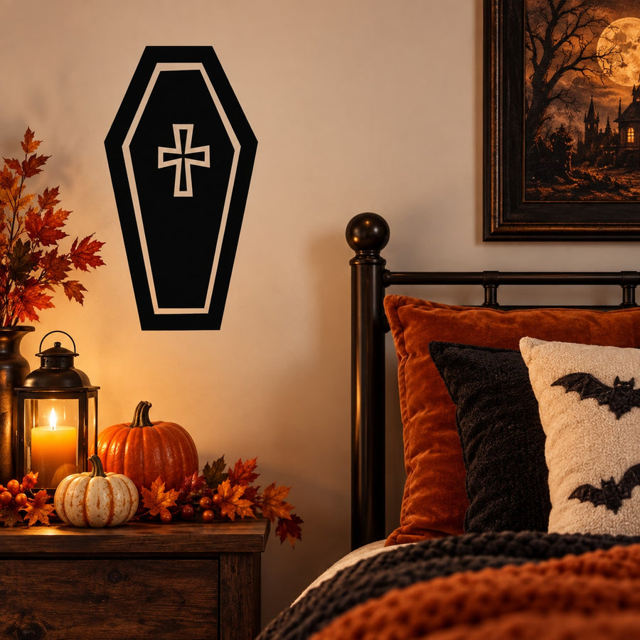 Coffin-shaped decal with cross inside, black and white outline design