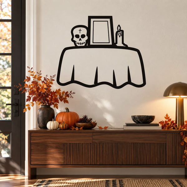 Halloween skull, frame, and candle decal on tablecloth shape