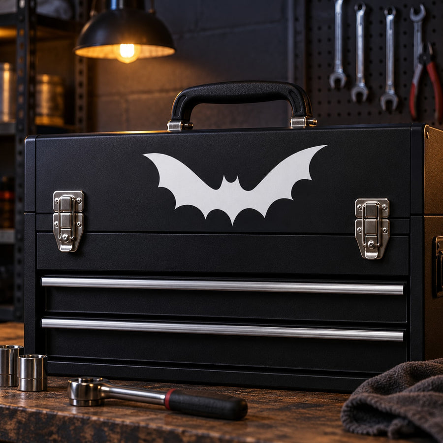 Black tool box with white bat decal