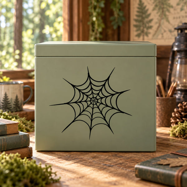 Black spider web decal graphic on a green surface