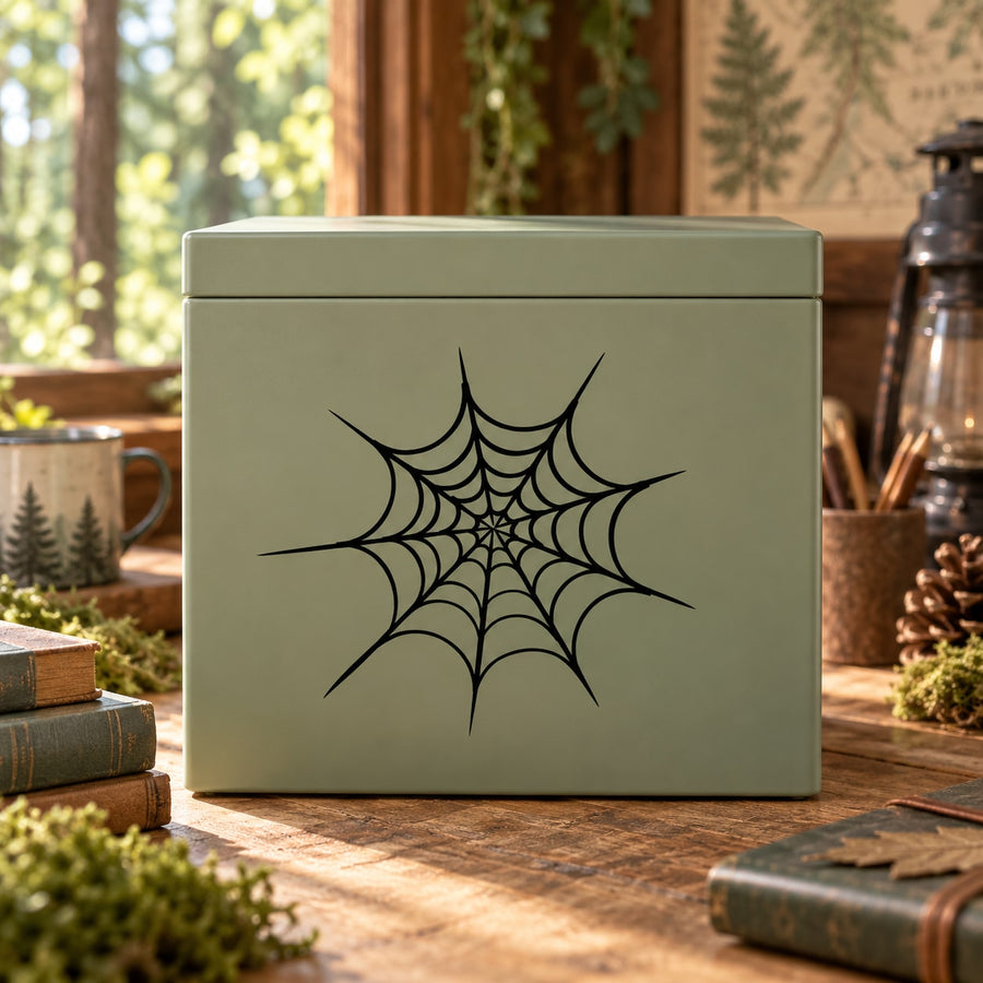 Black spider web decal graphic on a green surface