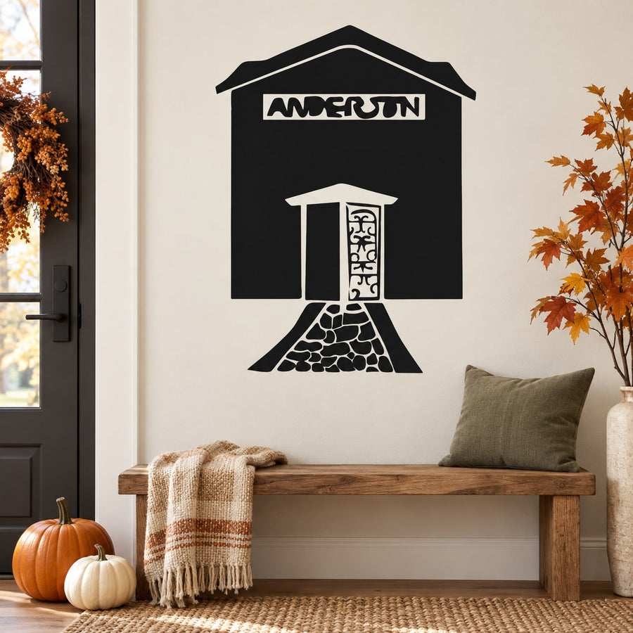 Black haunted house wall decal with ANDERSON sign and spooky door and window