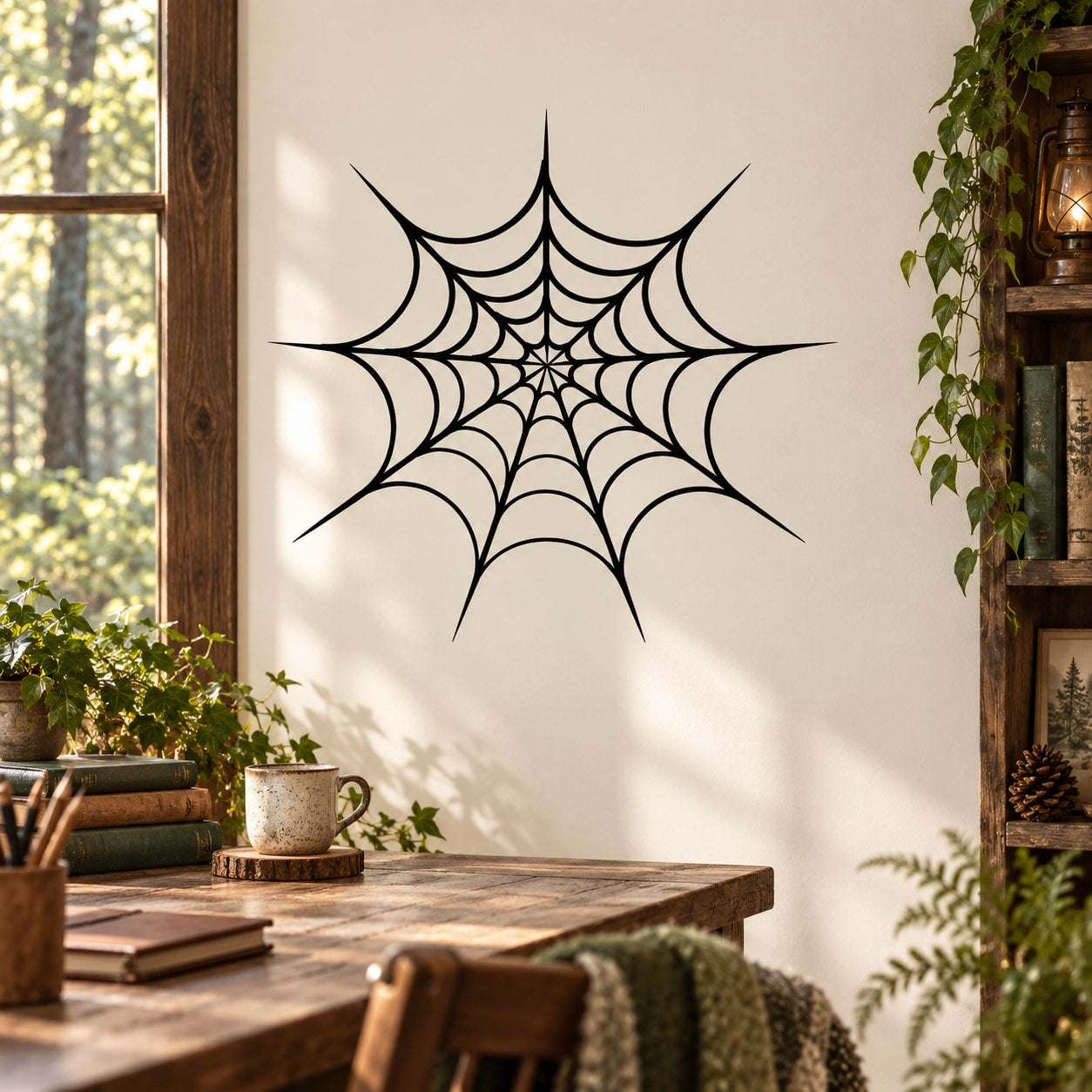 Black spider web spread decal for wall