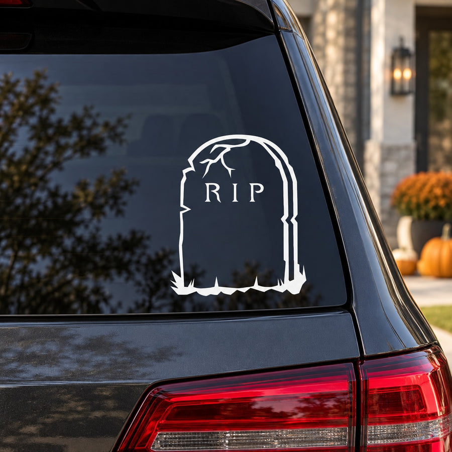 RIP cracked tombstone decal sticker for car window, white graphic on dark surface