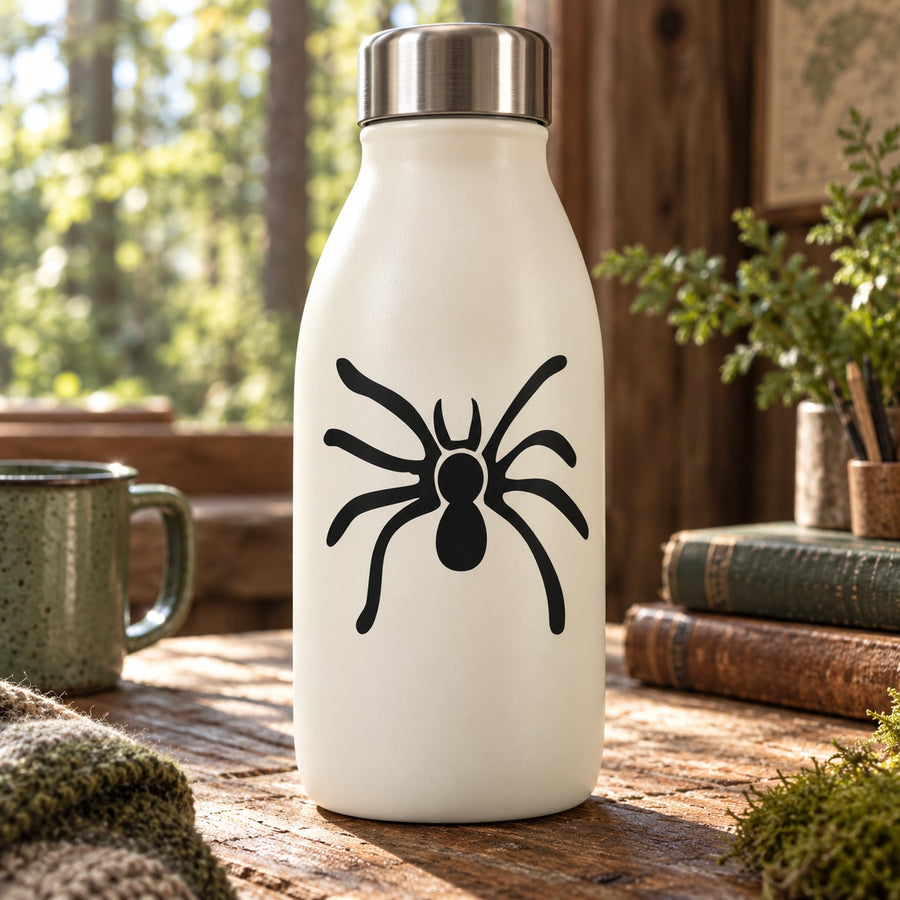 Black spider decal on white bottle