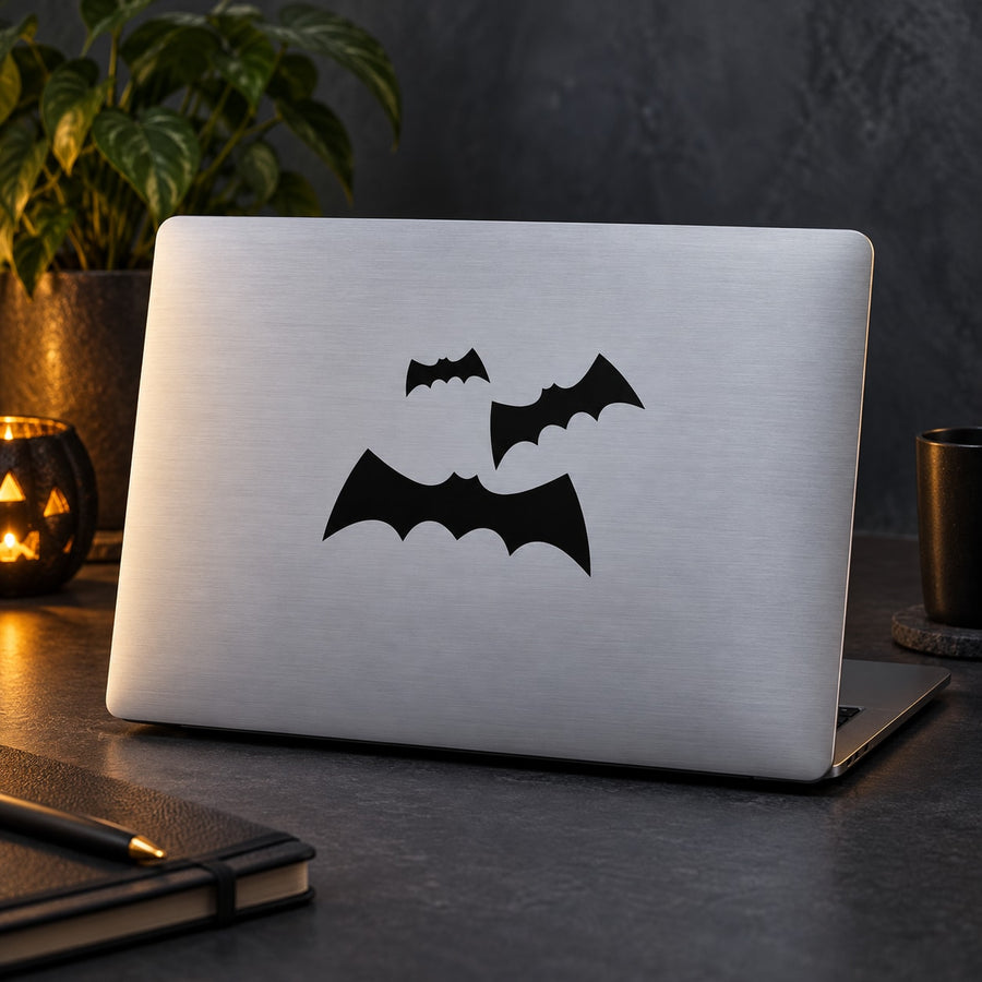 Three-piece bat decal set with three black bat silhouettes on a light surface