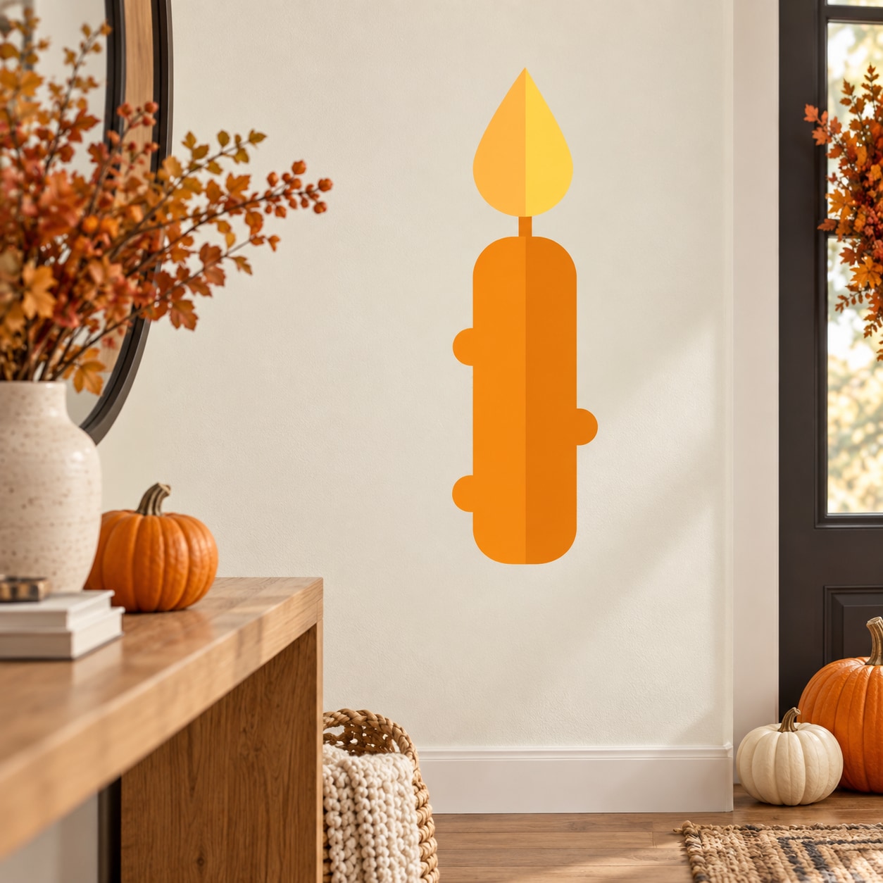 Orange candle wall sticker with flame for Halloween decor.