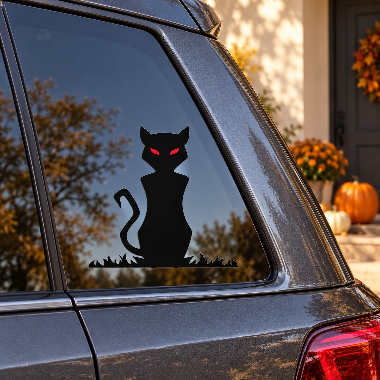 Black cat silhouette sticker with red eyes on a car window