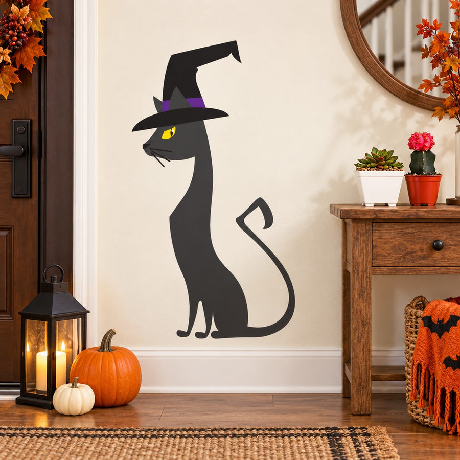 Cat wearing witch hat sticker, black cat with purple band and yellow eyes
