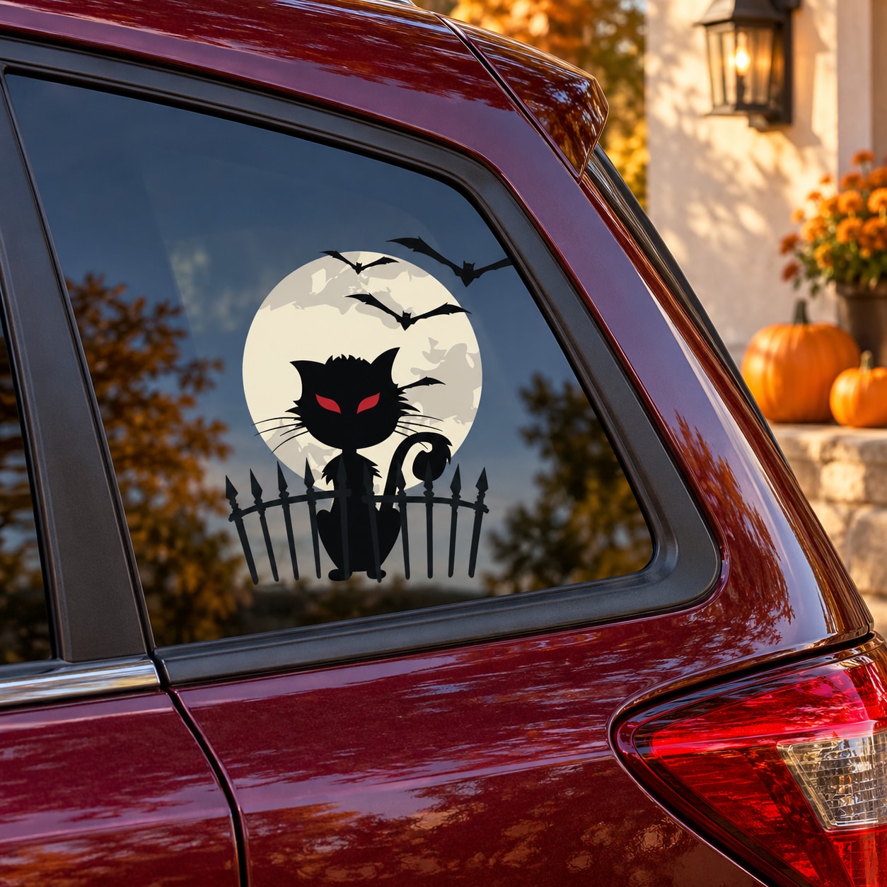 Cat fence sticker with moon, bats, and black cat silhouette on car window