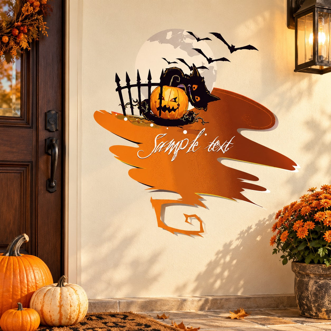 Halloween cat, bats, and jack-o’-lantern wall sticker with curved tail