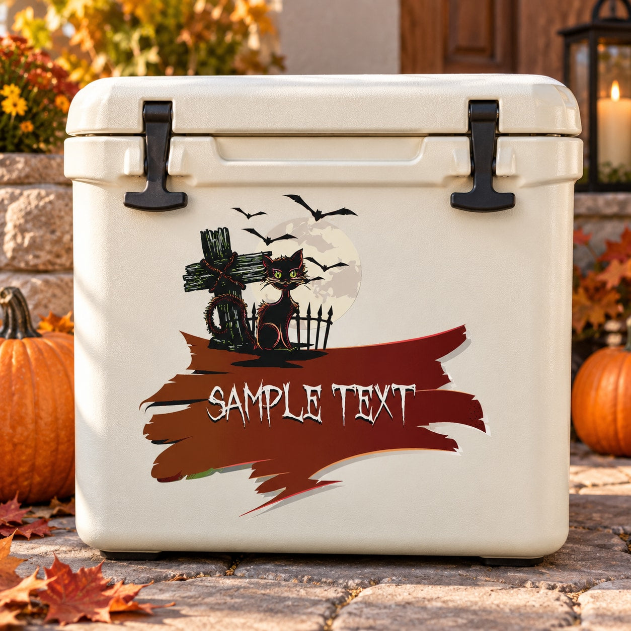 White cooler with cat and bats Halloween decal, black latches