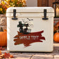 White cooler with cat and bats Halloween decal, black latches