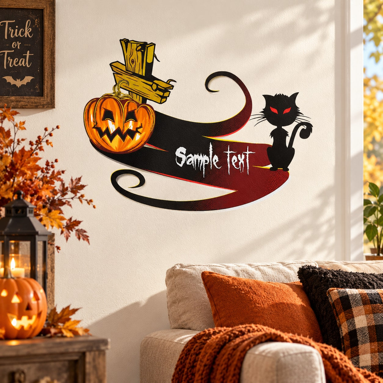 Black cat and jack-o-lantern Halloween die-cut decal with curled tail and swirls