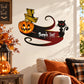 Black cat and jack-o-lantern Halloween die-cut decal with curled tail and swirls