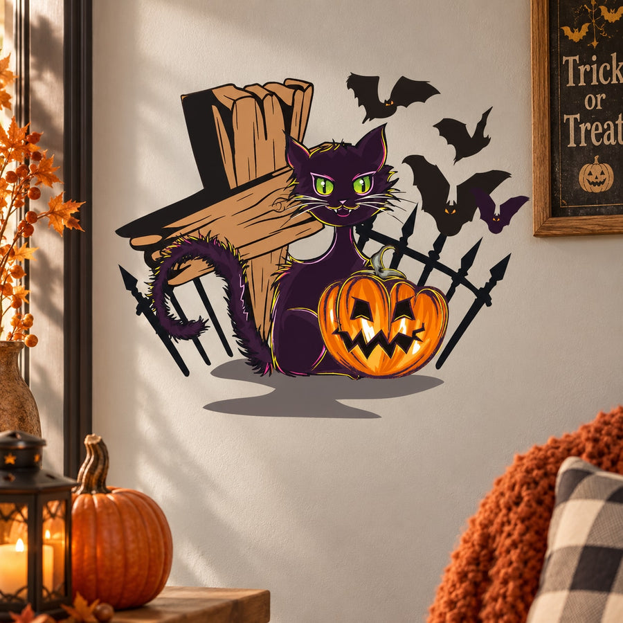 Halloween spooky cat with pumpkin and flying bats printed die-cut decal
