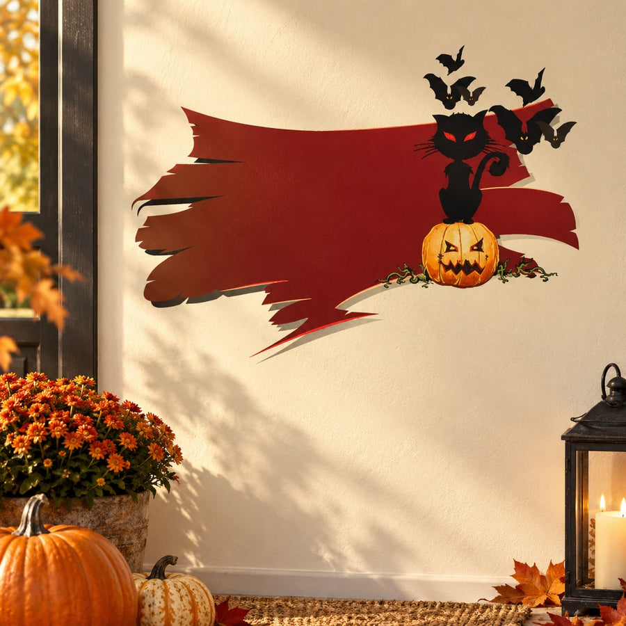 Halloween cat with pumpkin and bats printed die-cut decal