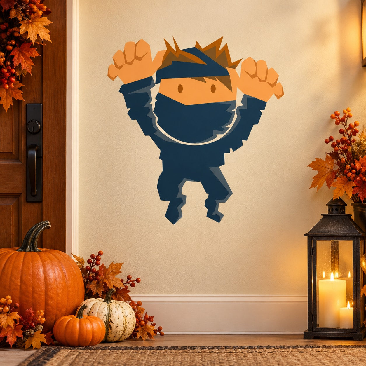 Cartoon mummy costume character sticker with blue hood and bandage arms