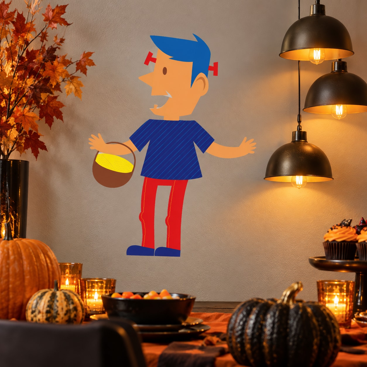 Halloween monster character decal of boy holding a yellow candy bucket, blue hair and red pants