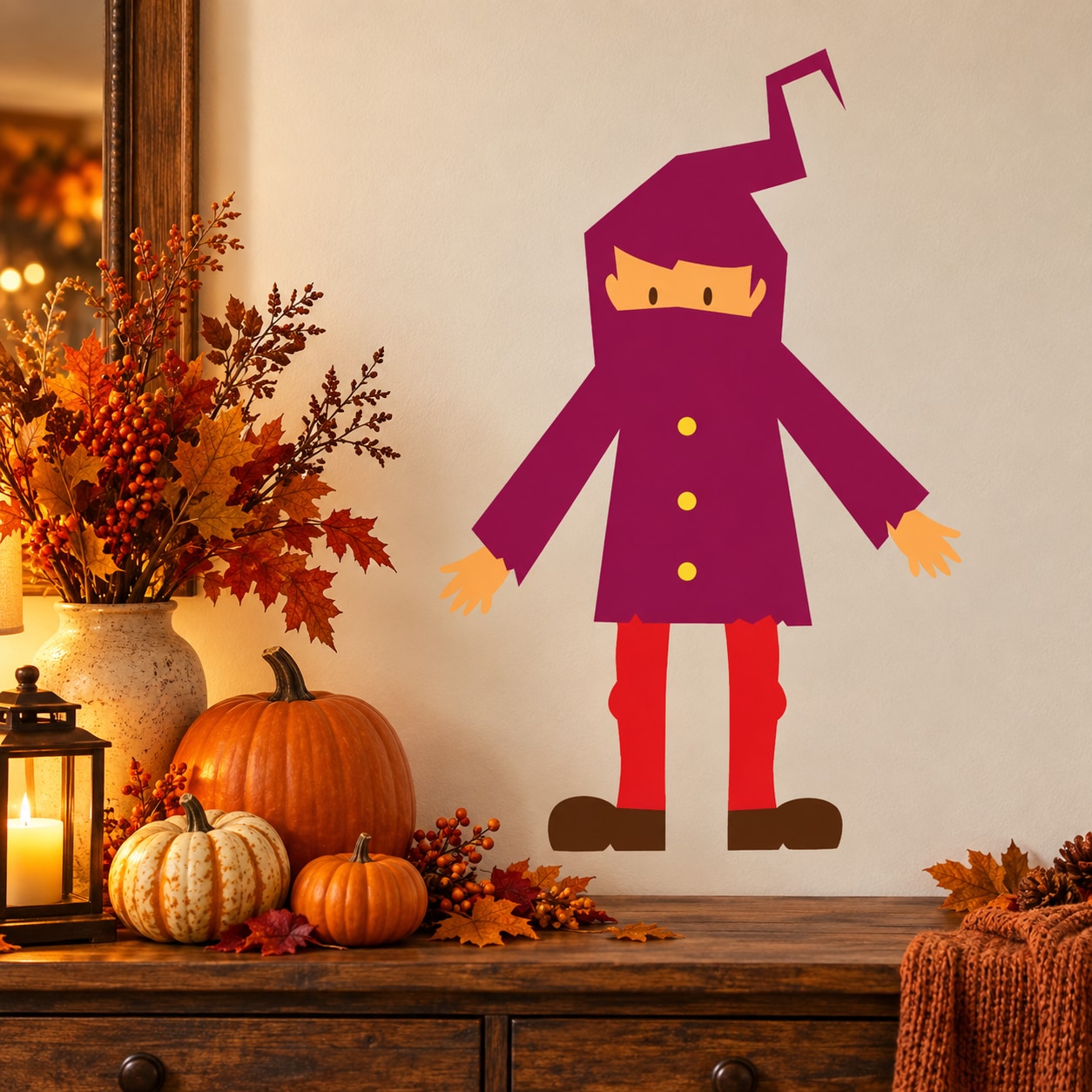 Purple and red cartoon trick-or-treater sticker character with wand and yellow buttons