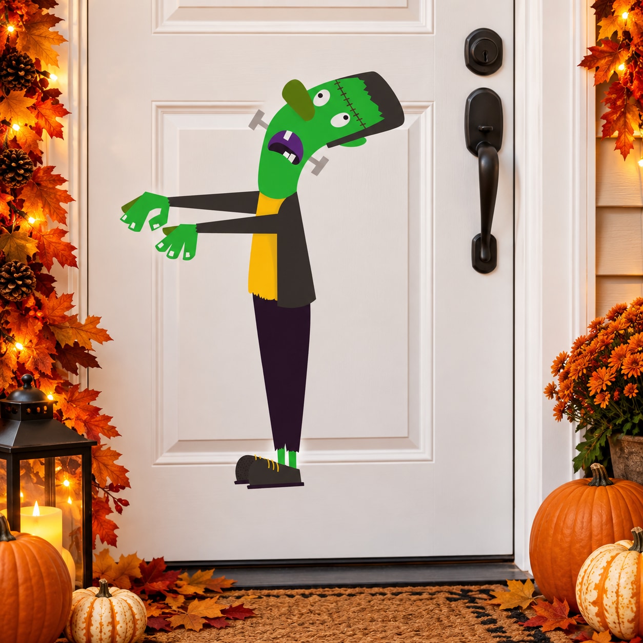 Frankenstein character sticker of green monster with black coat, purple pants, yellow accents
