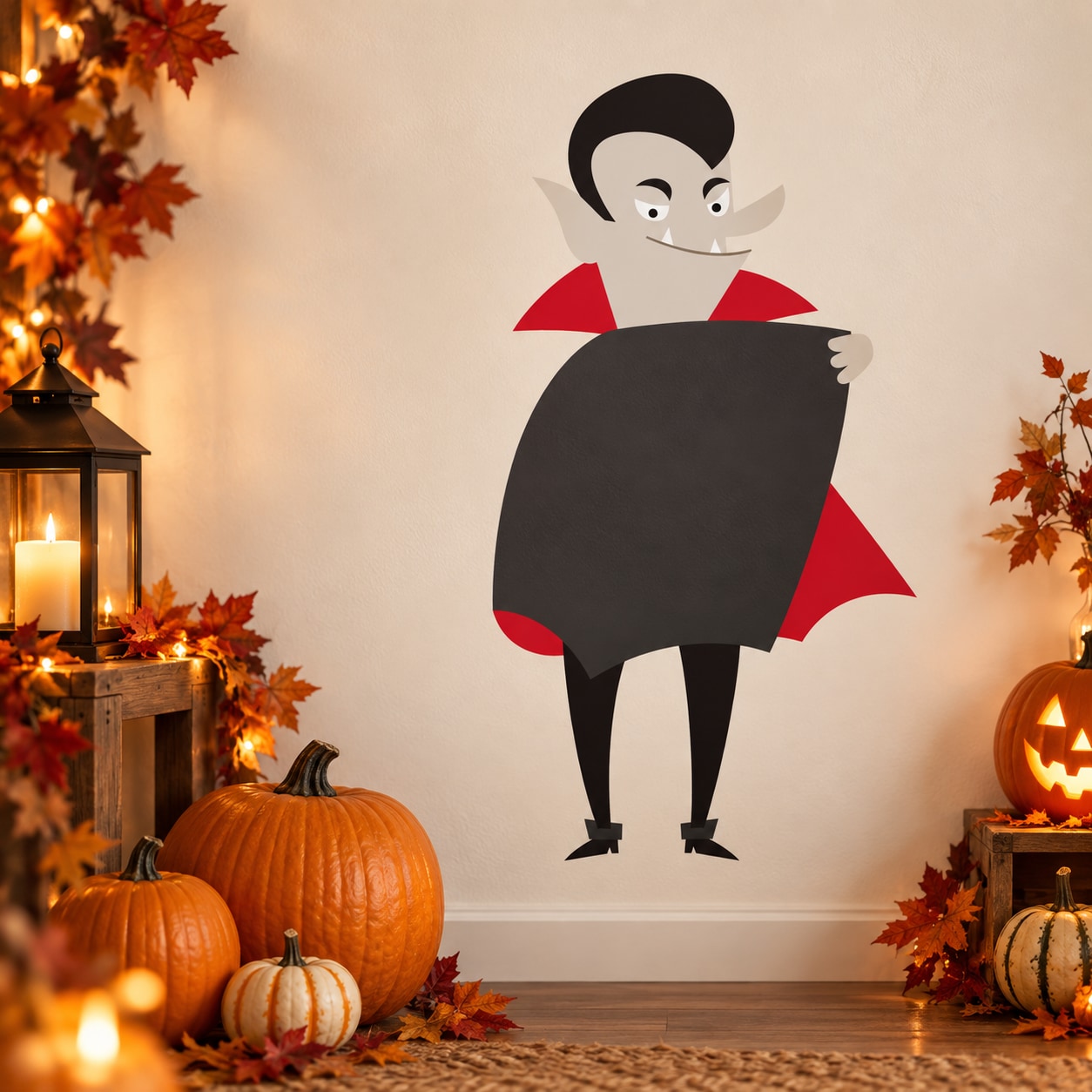 Halloween Dracula character decal with black cape, red shoulders, and pale face silhouette