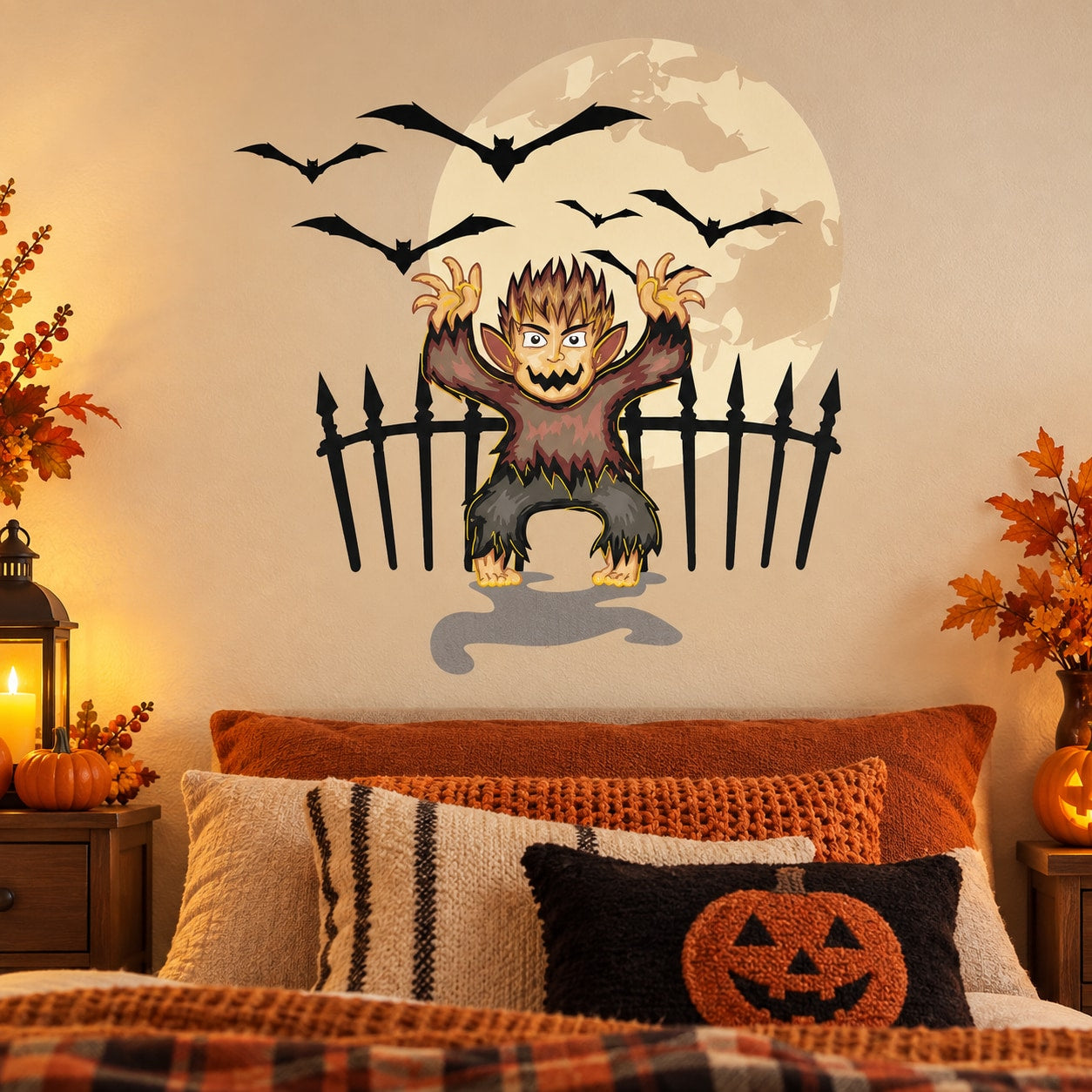 Halloween werewolf sticker with bats and black fence, howling cartoon figure