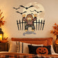 Halloween werewolf sticker with bats and black fence, howling cartoon figure