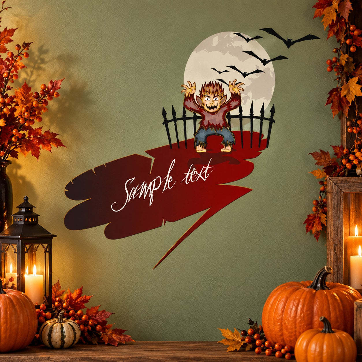 Halloween werewolf character wall decal with full moon, bats, and fence silhouette