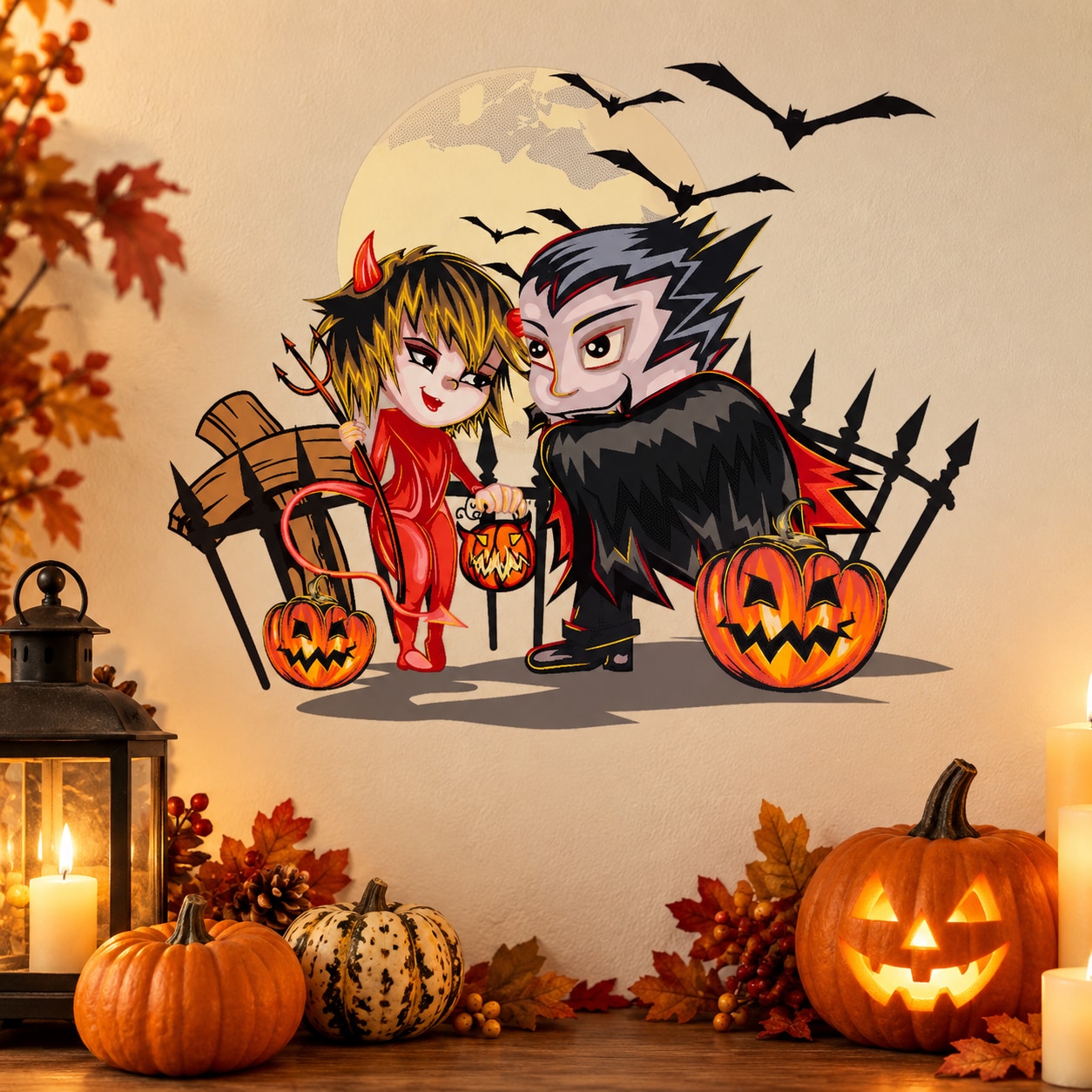 Halloween devil and Dracula character decal with bats and jack-o’-lantern pumpkins