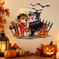Halloween devil and Dracula character decal with bats and jack-o’-lantern pumpkins
