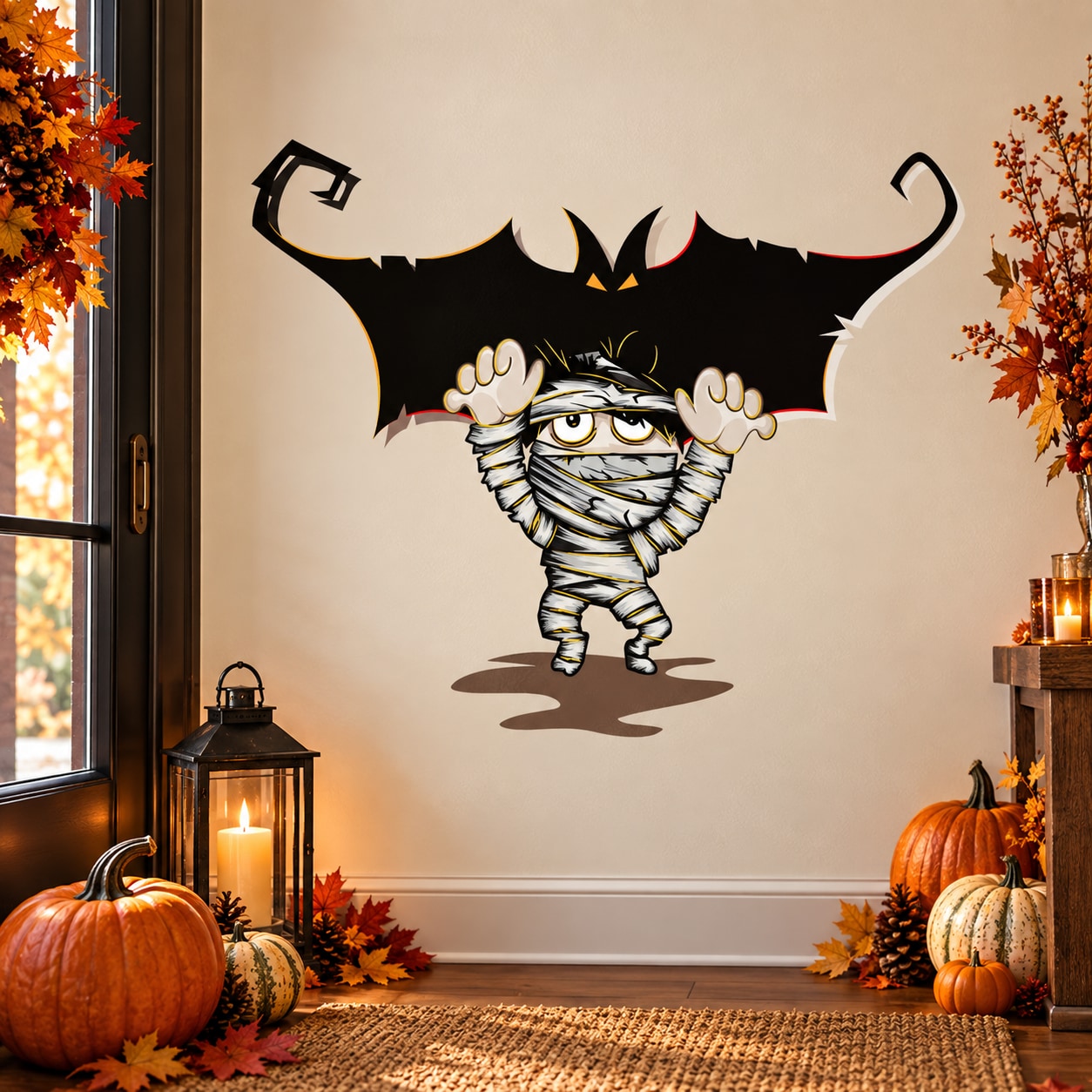 Mummy bat character sticker: black wings, wrapped white body on wall