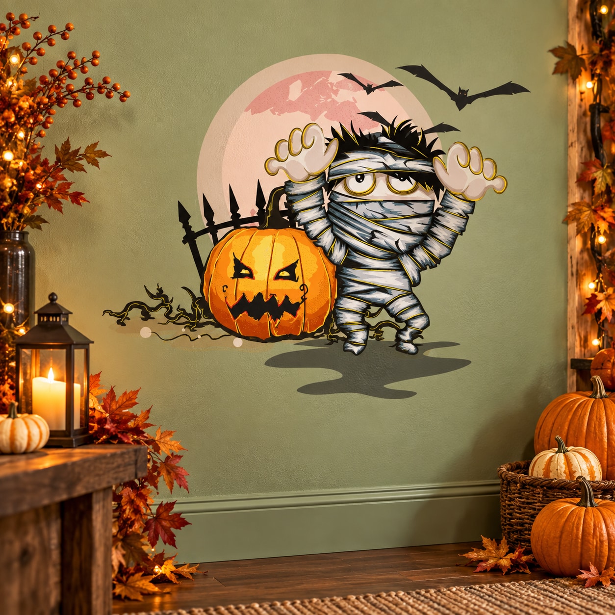 Mummy Halloween die-cut decal with bandaged figure holding a jack-o'-lantern and bats