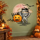 Mummy Halloween die-cut decal with bandaged figure holding a jack-o'-lantern and bats
