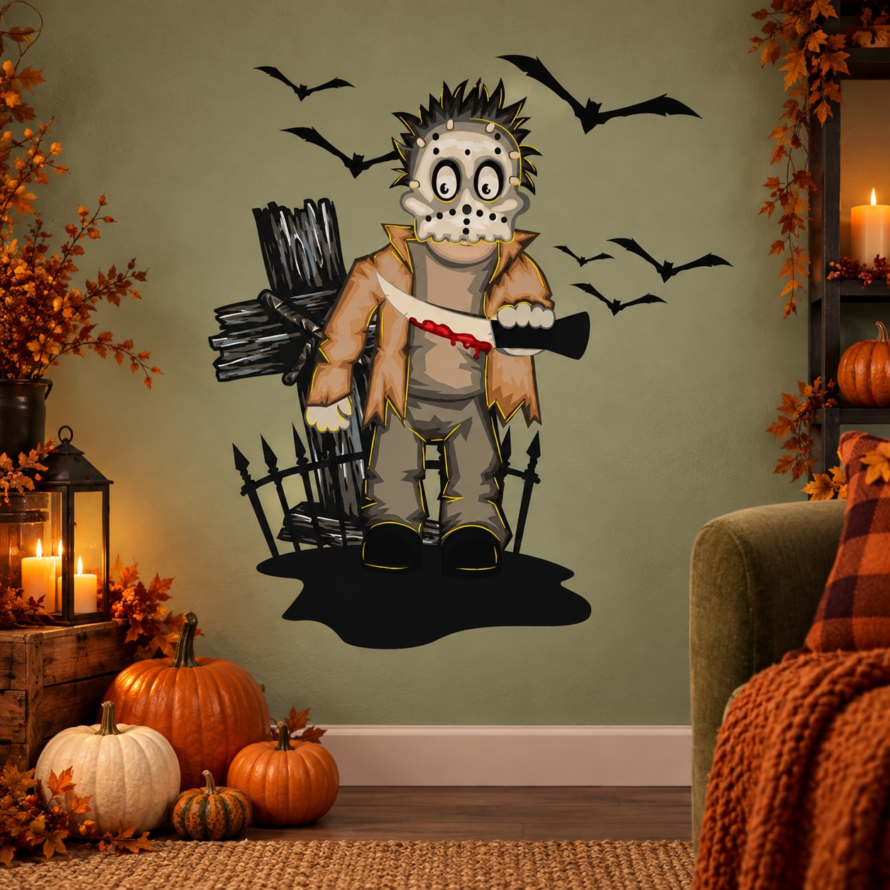 Halloween Jason-style wall decal of a horror character with bats flying around