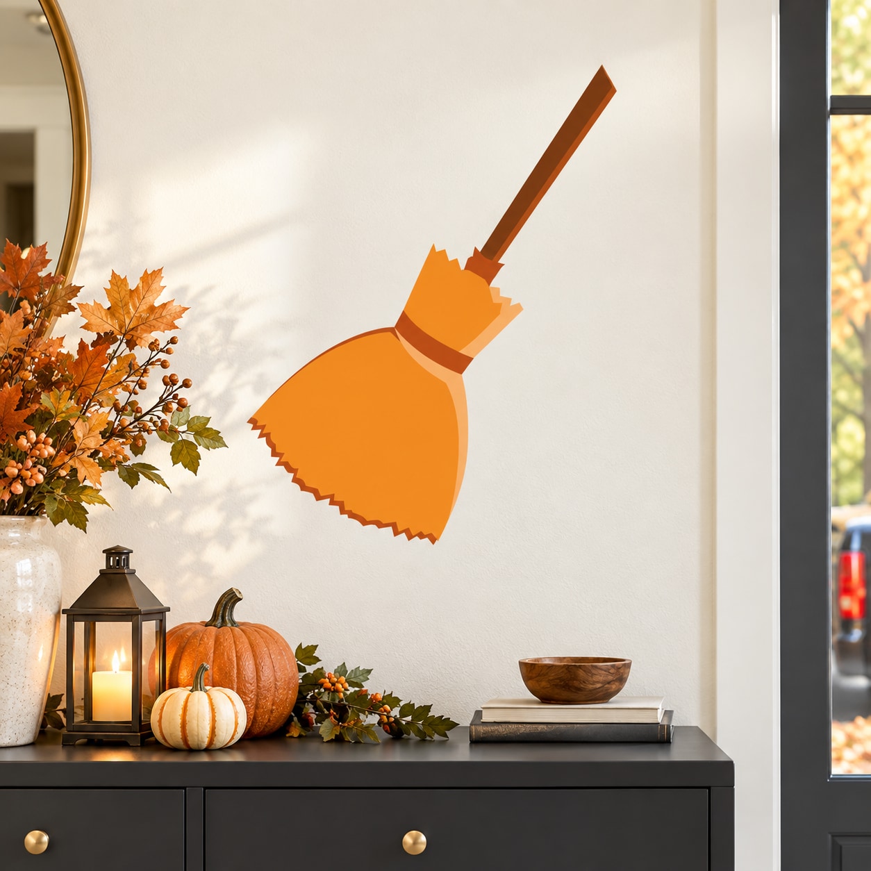 Halloween broom stick angle sweep sticker with orange bristles and handle