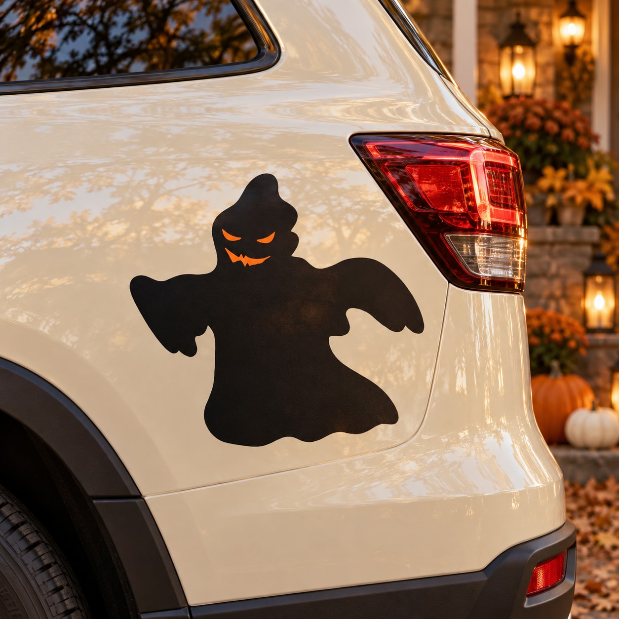 Spooky ghost sticker in black, cutout silhouette on a white car panel.