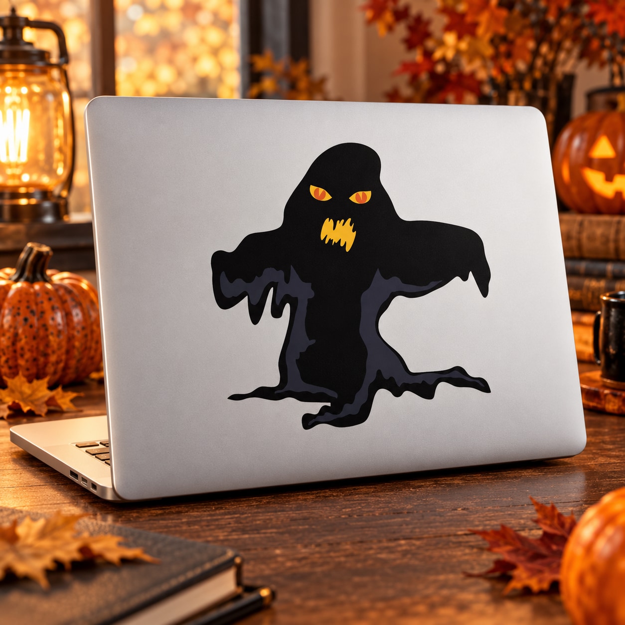 Halloween ghost monster sticker with black ghoul and glowing yellow eyes, jagged mouth