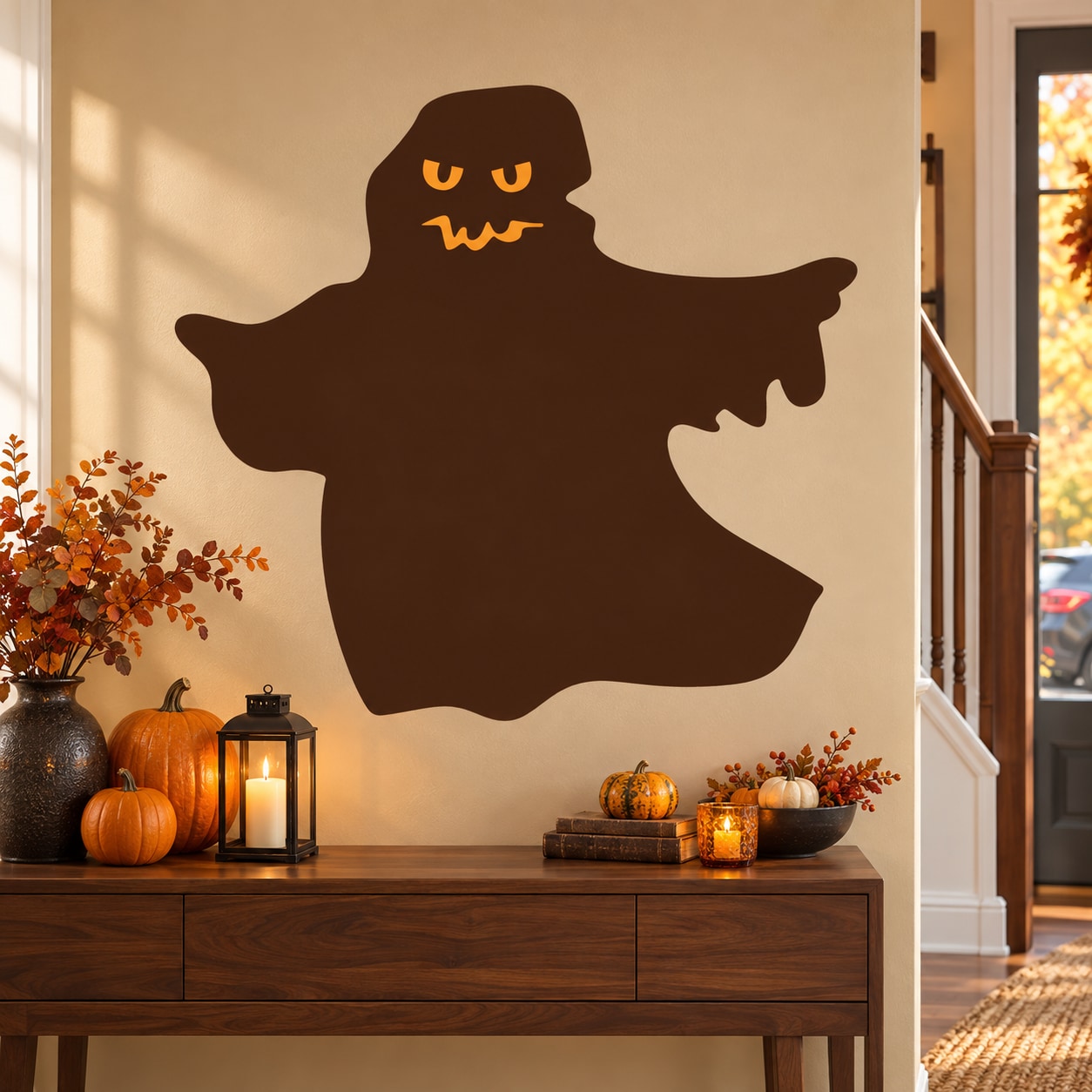 Halloween brooding ghost sticker with dark silhouette and glowing orange eyes and mouth