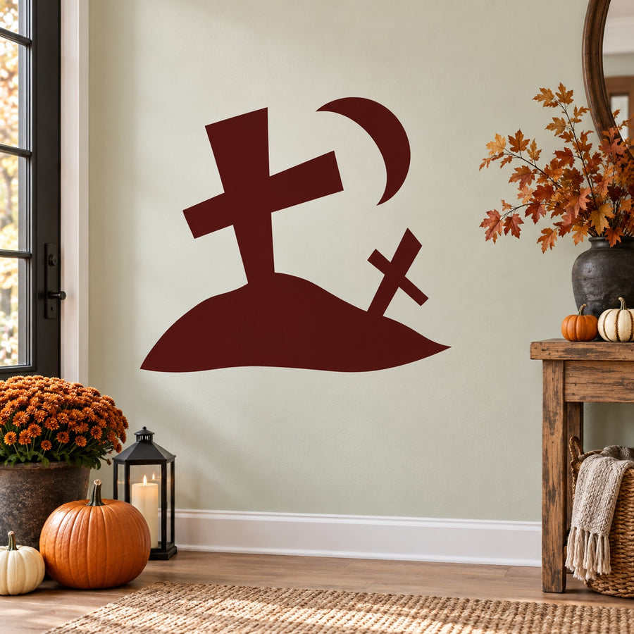 Maroon tombstone and moon wall decal with cross and sword
