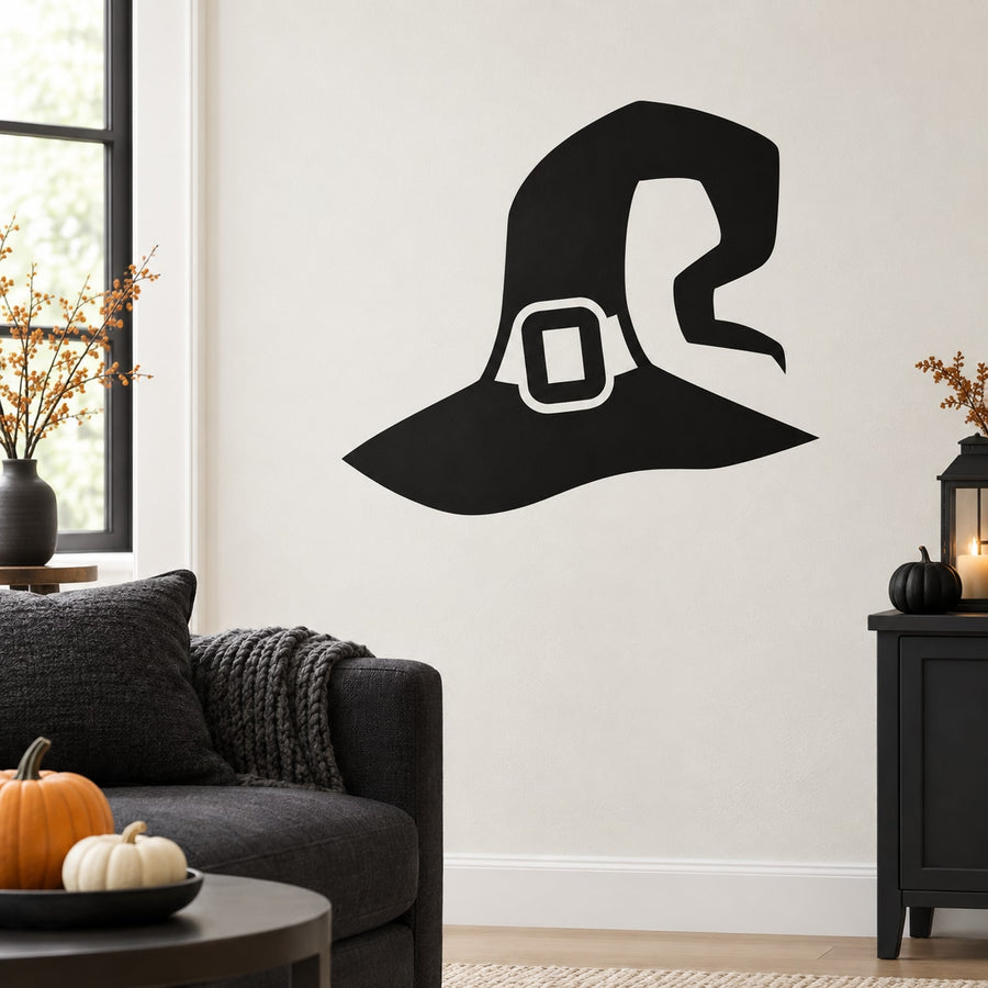 Black long witch hat Halloween wall decal with buckle and curled brim