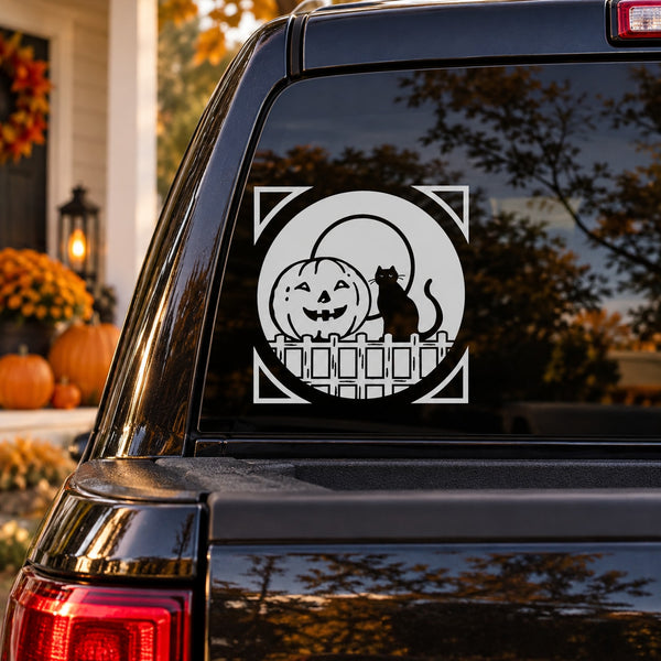 Halloween cat on fence window decal with pumpkin, circular black-and-white design