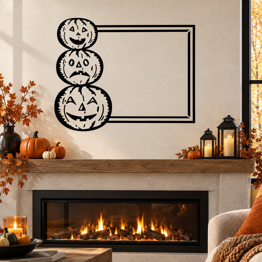 Halloween pumpkin wall decal: three stacked pumpkins with rectangle frame border