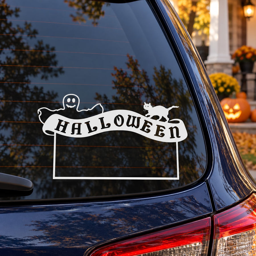 Car window Halloween sign decal with ghost and “HALLOWEEN” text plus spooky icons