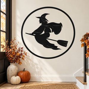 Black witch on broom wall decal inside a round circle, full moon theme.
